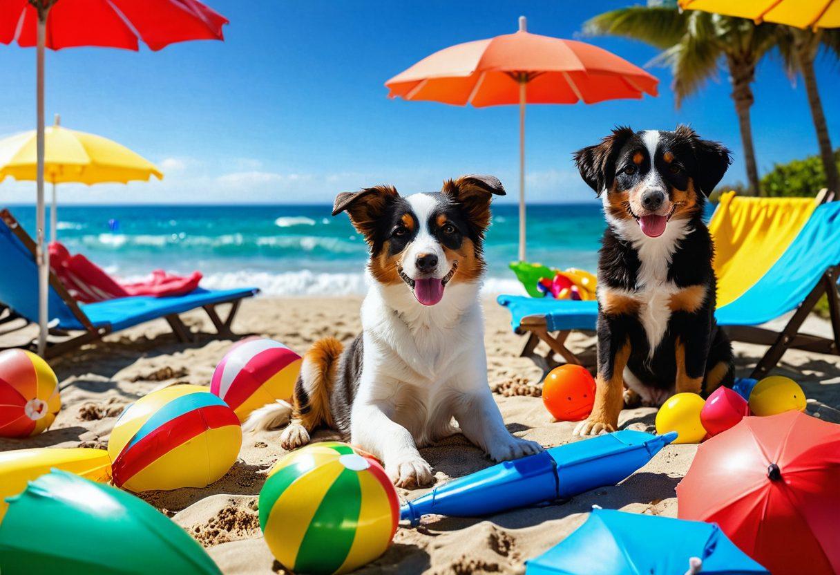 A lively beach scene featuring dogs of various breeds wearing colorful beachwear, frolicking near a sparkling pool. In the foreground, a playful puppy strikes a pose for a portrait, surrounded by beach toys and sun umbrellas. Captivating ocean waves in the background add to the joyful atmosphere. The scene should radiate happiness and warmth, inviting viewers to share in the delight of beach moments with pets. vibrant colors. super-realistic. cheerful atmosphere.