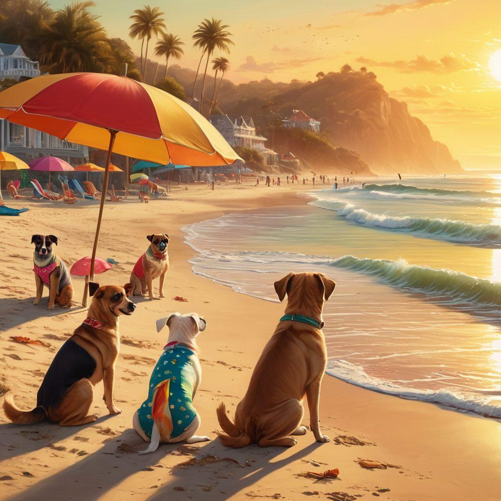 A whimsical beach scene showcasing adorable dogs in colorful swimsuits enjoying playful antics on the sandy shore, with beach umbrellas, surfboards, and a glistening sea in the background. Each dog displays unique swimwear styles and joyful expressions, surrounded by a few playful children building a sandcastle nearby. The sun sets, casting a warm golden glow over the scene. vibrant colors. super-realistic.